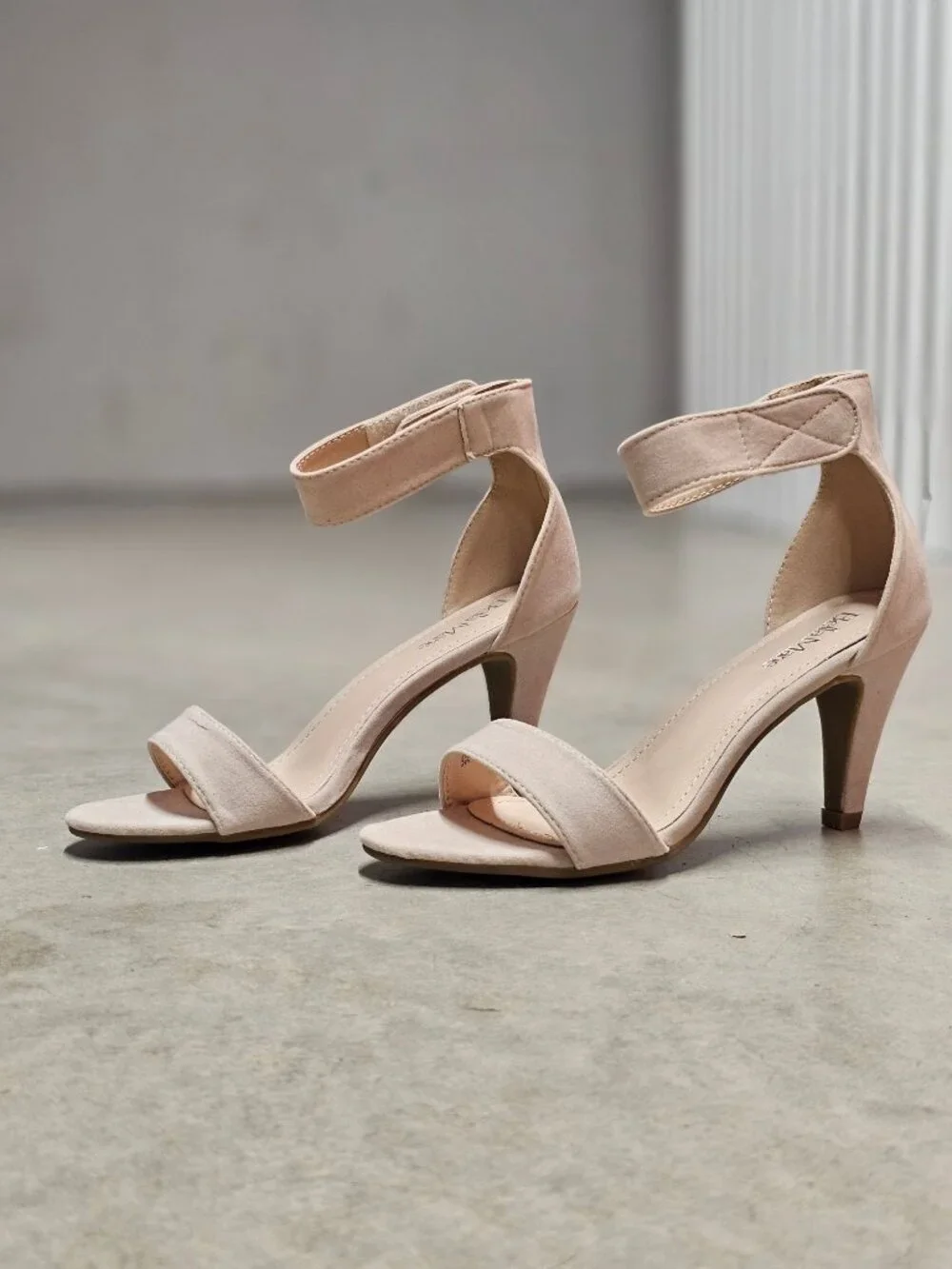 Taupe Suede Open-Toe Heels With Ankle Strap Bella Marie Brand